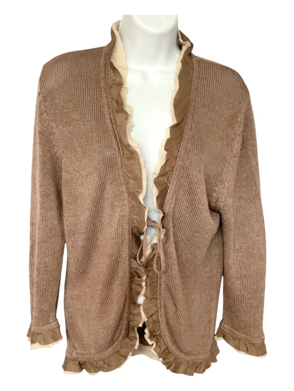 Boden Sweater Linen Blend Tie Front Cardigan w. Ruffle Trim Tan & Cream Size 14